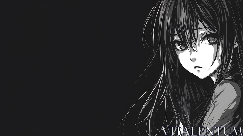 Monochrome anime portrait with melancholic side gaze.