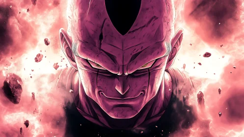 Intense pink energy villain portrait amid explosive debris field