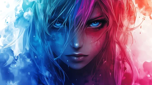Intense anime portrait splits face with blue and red energy