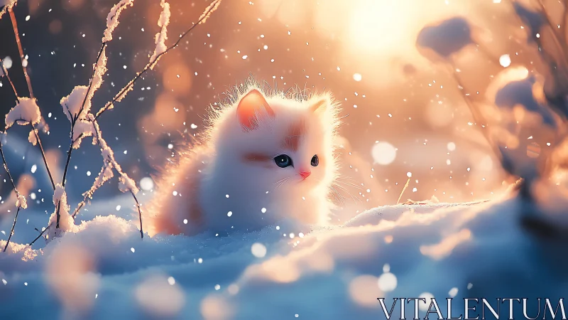 Snowy White Kitten Discovers Winter Wonder and Joy.