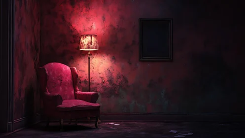 Digital painting of moody crimson reading corner interior scene.