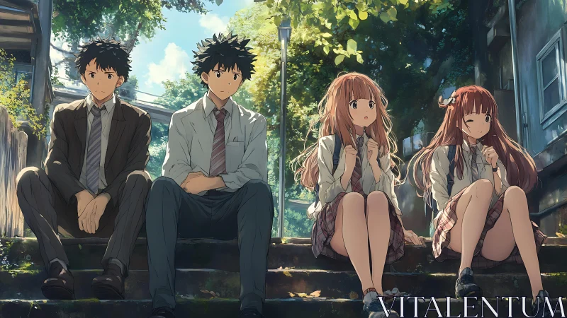 Four anime students sitting on outdoor stone steps together.