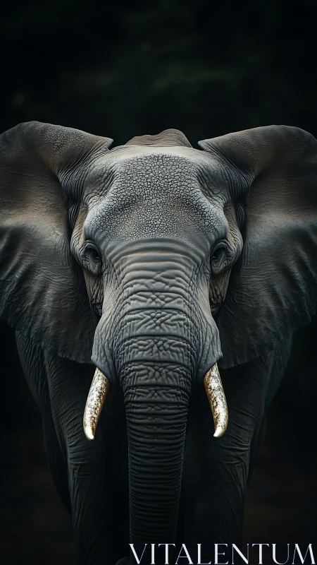 Elephant frontal portrait with dramatic low-key lighting.