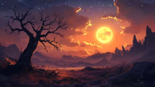 Sunset desert valley with lone tree and glowing full moon.