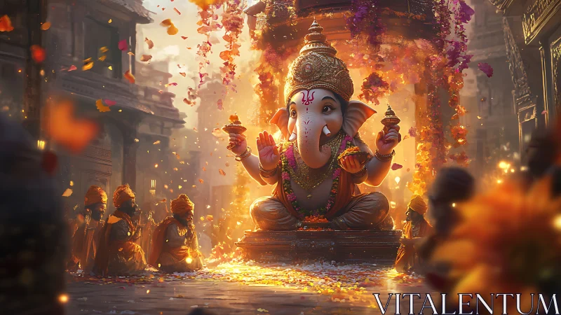 Ganesh idol in vivid street shrine with flower offerings.