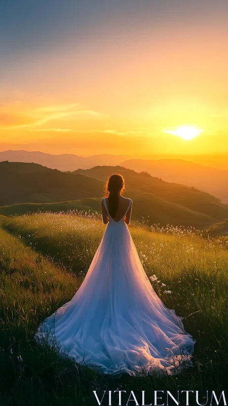 Backlit woman in flowing white gown on sunlit grassy hillside