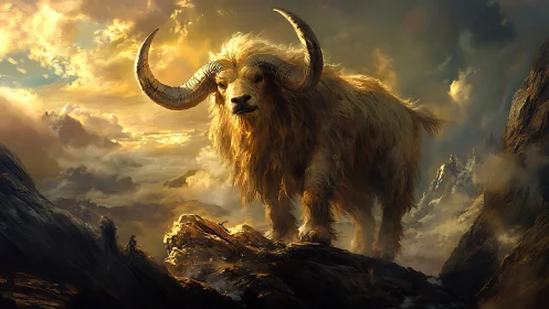 Gentle horned giant wandering through golden mountain light.