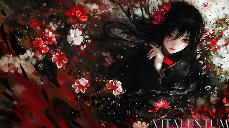 Dark haired figure in floral field with red and white petals.