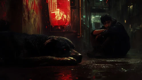 Rain soaked alley vigil with man and dog under red lantern