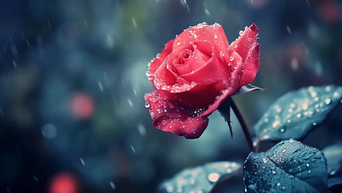 Crimson Rose in Rain: Droplet-Laden Bloom Against Moody Atmospheric Backdrop.