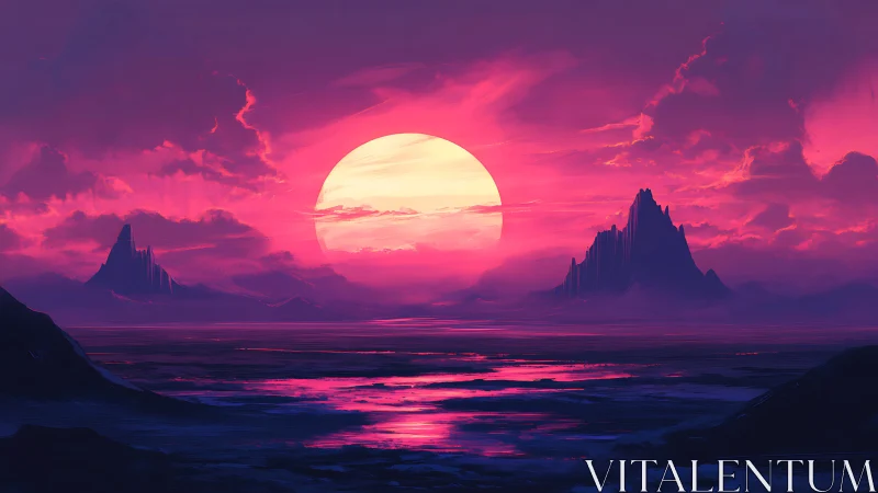 Neon alien sunset over misty mountains and sea.
