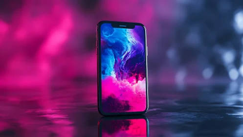 Smartphone stands upright on reflective surface with neon light