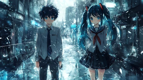 Blue neon snowfall crowns two quiet anime school wanderers.