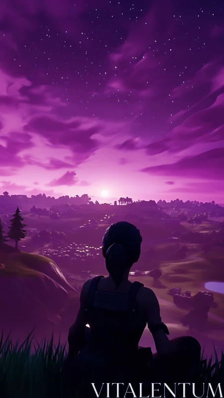 Calm gamer watches a dreamy violet sunset sky in wonder.