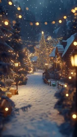 Snow-covered village lane illuminated by dense bokeh string lights