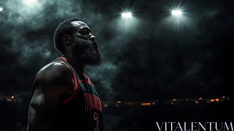 Side-lit basketball athlete under arena spotlights in dense haze