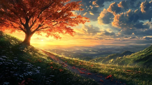 Solitary hillside tree overlooking valley at sunset.