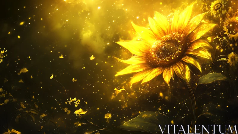 Sunflower close-up with glowing golden light particles.