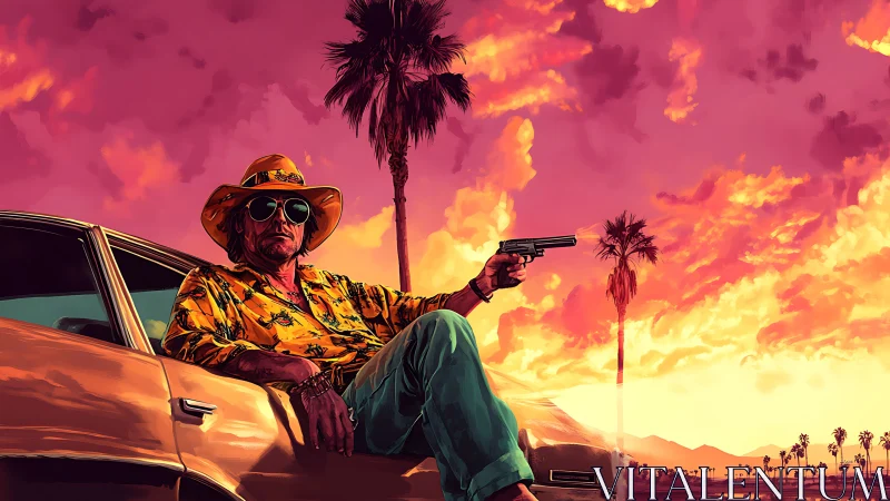 Sunset outlaw lounging beneath electric desert skies.