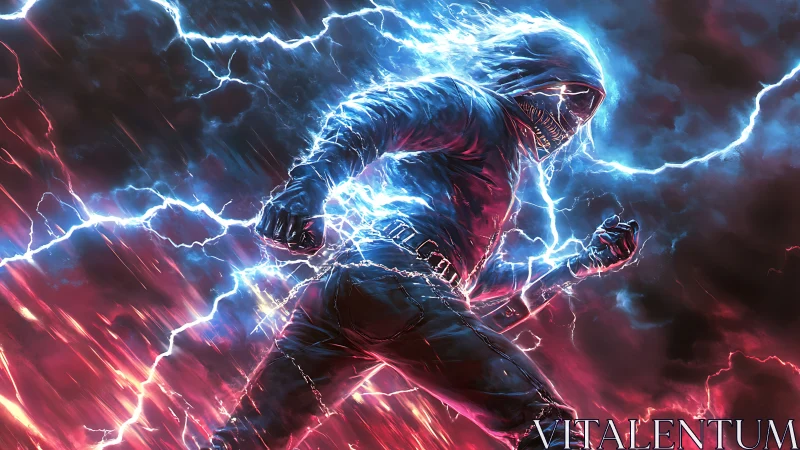 Hooded electric warrior channels blue lightning energy