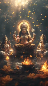 Central seated deity figure is surrounded by attendants and fire