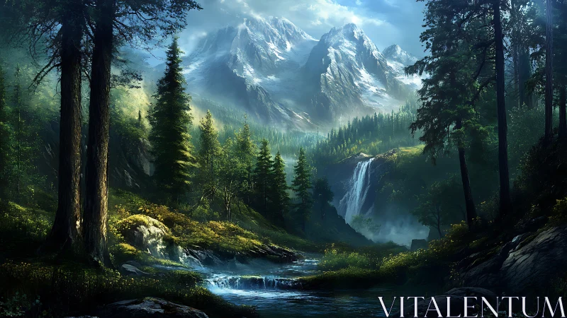 Alpine Valley Waterfalls: Snow-Capped Peaks Through Temperate Forest