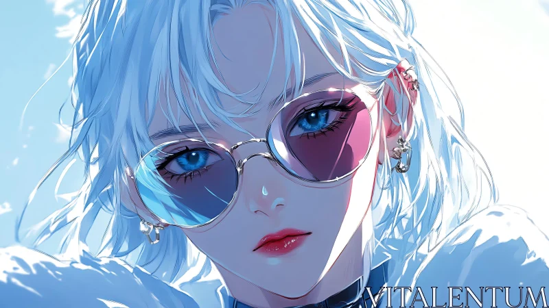 White haired subject with tinted glasses in close portrait.