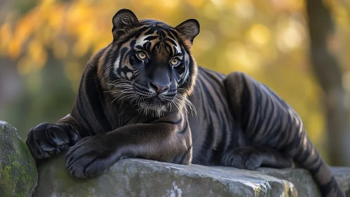 Black tiger resting on stone ledge in soft golden light.