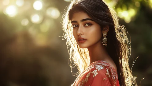 Sunlit portrait of woman in embroidered crimson sari