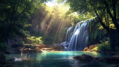 Sunlit forest waterfall pours into clear turquoise pool