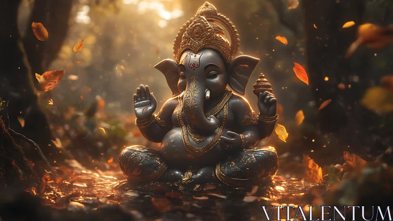 Golden Ganesha statue rests peacefully in a glowing forest