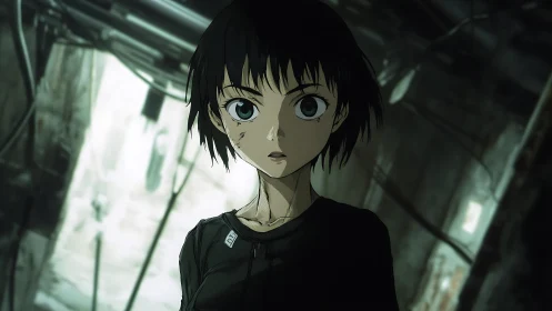 Grim corridor portrait in high-contrast anime composition.