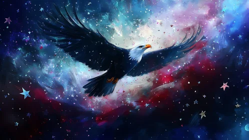 Majestic eagle soaring through cosmic galaxy in digital art style.