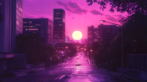 Neon dusk boulevard bathed in electric magenta sunset glow.