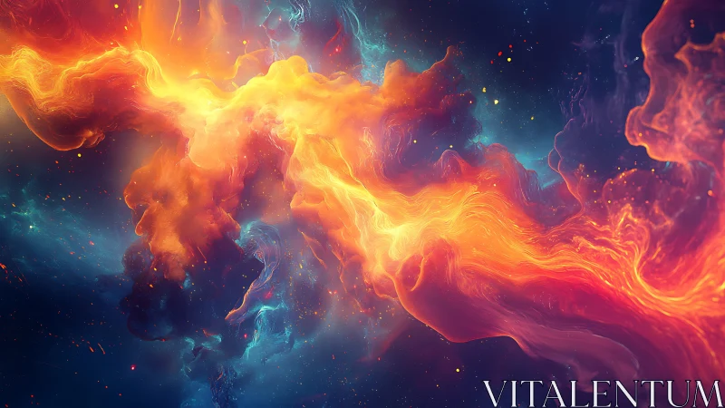 Vivid cosmic nebula with swirling orange and blue clouds.