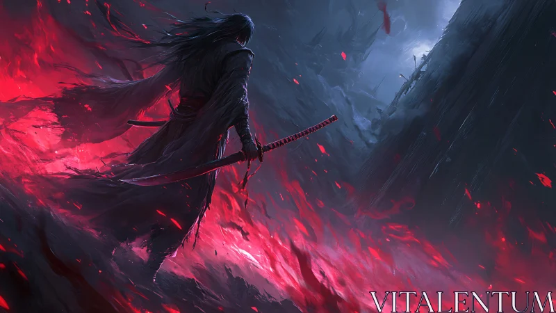 Lone blade in crimson stormlight on the edge of battle.