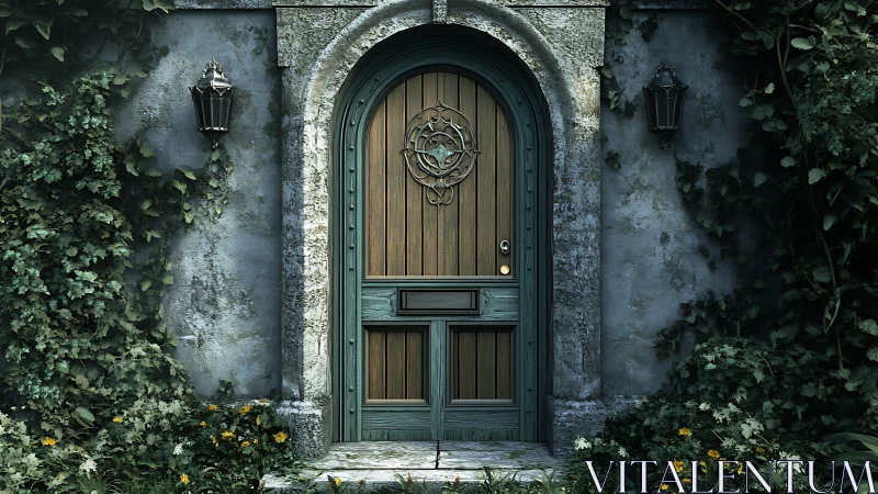 Enchanted ivy-framed wooden door in a stone garden wall.