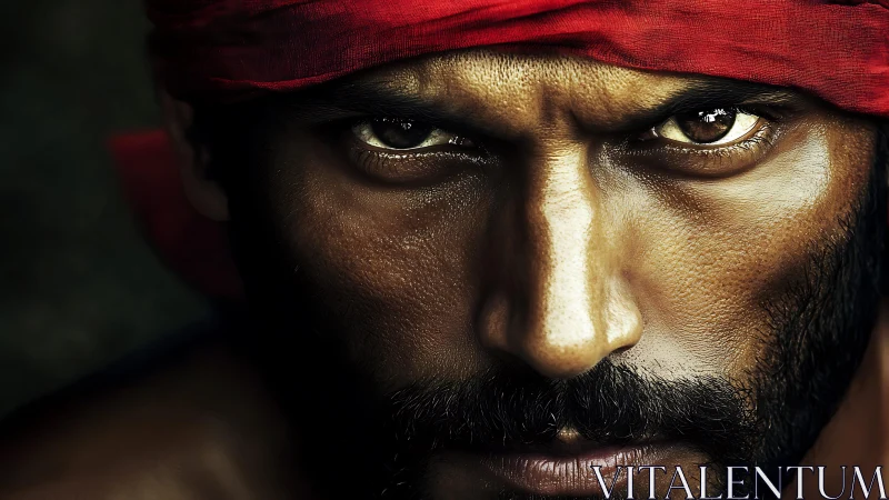 Storm-eyed warrior gaze wrapped in crimson resolve.