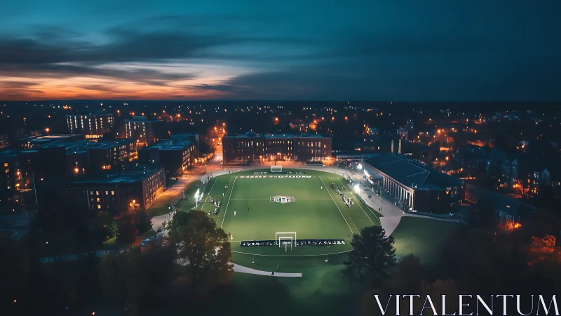 Stadium glow ignites a campus skyline at blue hour calm.