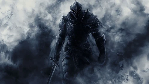 Dark armored knight strides through swirling ghostly fog