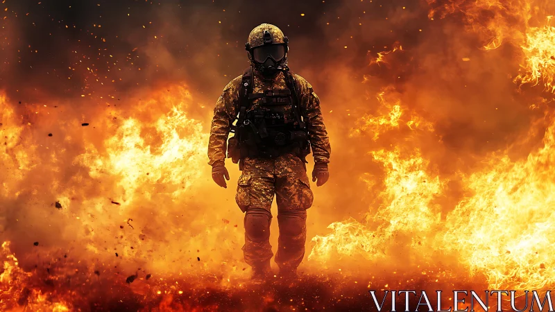 Military figure in tactical gear surrounded by extensive fire and smoke.