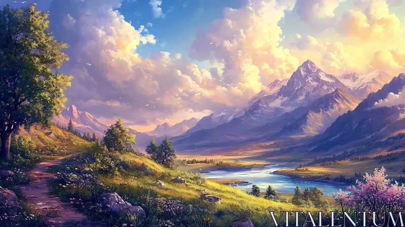 Atmospheric alpine valley under volumetric sunrise lighting.