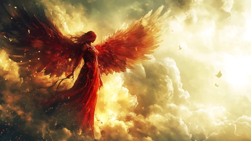 Winged red figure in luminous cloud environment at altitude.