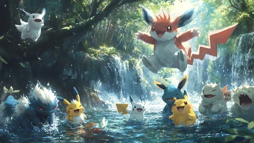 Playful electric creatures splash under sunlit waterfall