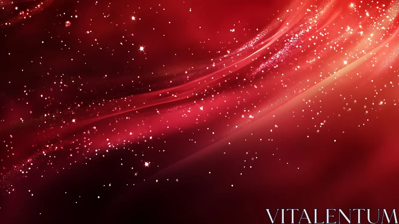 Crimson cosmic light trails with scattered stardust sparkles.