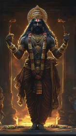 Radiant temple guardian strides through molten dusk light