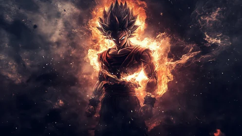 Fiery anime warrior ignites with cosmic power and resolve.
