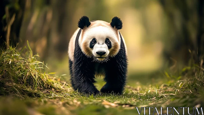 Curious panda wanders through soft-focus forest pathway.