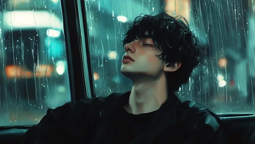 Young man in car by rainy window under city night lights.