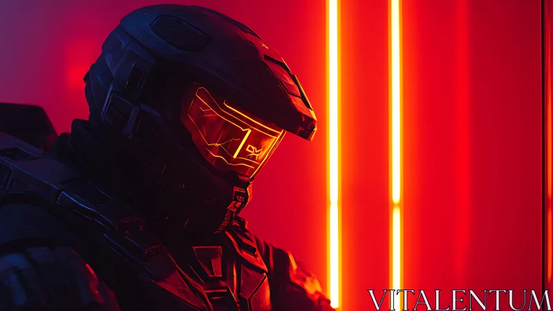 Armored sci fi soldier in neon red corridor glow poised.